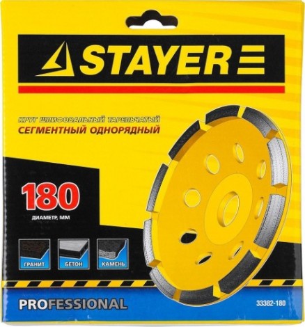 Алмазная чашка STAYER PROFESSIONAL сегментная однорядная, высота 22,2мм, 180мм [33382-180]