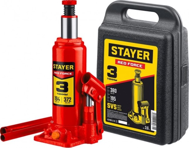 Домкрат бутылочный STAYER RED FORCE гидравлический в кейсе, 194-372мм, 3т [43160-3-K_z01]