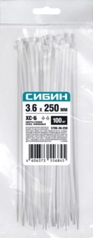 Хомут пластиковый Сибин ХС-Б 3.6х250 мм, 100 шт, нейлоновые. белые [3786-36-250]