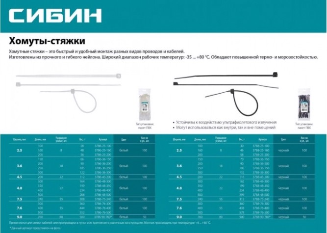 Хомут пластиковый Сибин ХС-Б 4.8х350 мм, 100 шт, нейлоновые, белые [3786-48-350]