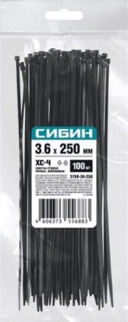 Хомут пластиковый Сибин ХС-Ч 3.6х250 мм, 100 шт, нейлоновые, черные [3788-36-250]