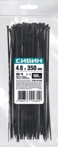 Хомут пластиковый Сибин ХС-Ч 4.8х350 мм, 100 шт, нейлоновые, черные [3788-48-350]