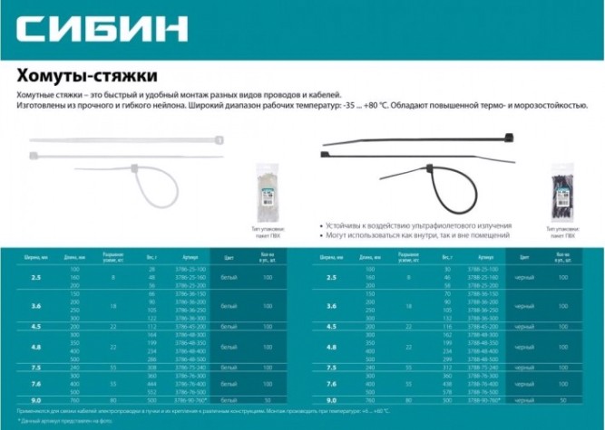 Хомут пластиковый Сибин ХС-Ч 7.6х300 мм, 100 шт, нейлоновые, черные [3788-76-300]