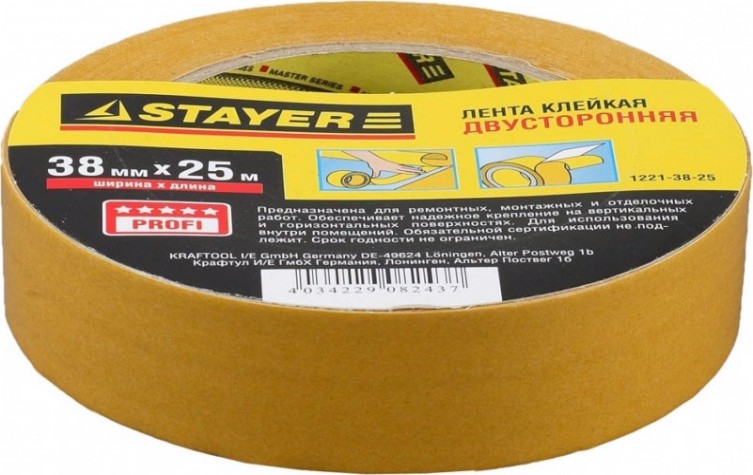 Клеящая лента STAYER MASTER двухсторонняя на полипропиленовой основе, 38ммх25м [1221-38-25]