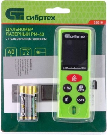 Лазерный дальномер СИБРТЕХ PM-40 40м с пузырьковым уровнем [38010]