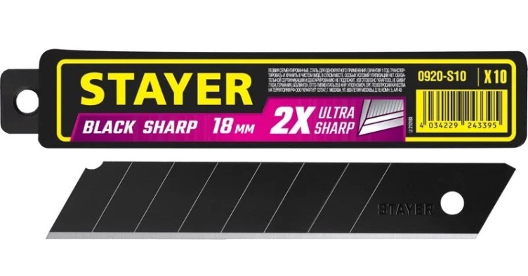 Лезвия для ножа STAYER 0920-S10 сегментированные,черные,особоострые,18 мм, 10 шт. Лезвия для ножа STAYER 0920-S10 сегментированные,черные,особоострые,18 мм, 10 шт.