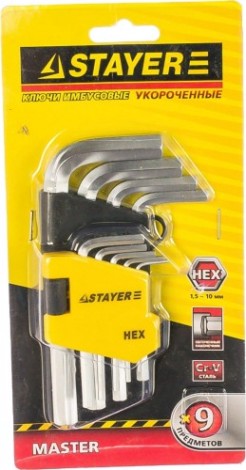 Набор ключей шестигранных STAYER HEX 1,5 "master" короткие, cr-v. [2740-H9]