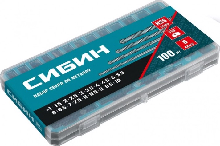 Набор сверл по металлу Сибин быстрорежущая сталь 100шт.(1-10мм), пласт.бокс [29610-H100]