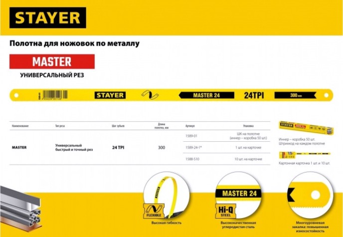 Ножовка по металлу STAYER MASTER полотно для 24tpi(1мм), 300мм, 10шт [1588-S10]