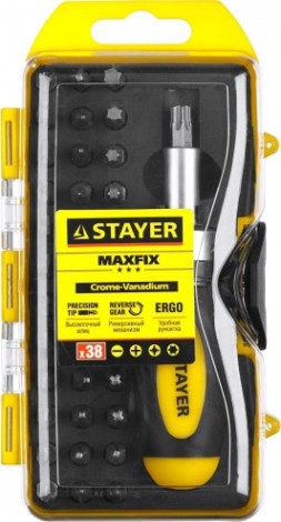 Отвертка реверсивная в наборе с битами STAYER Compact Cr-V сталь, 38 предметов [2557-H38]