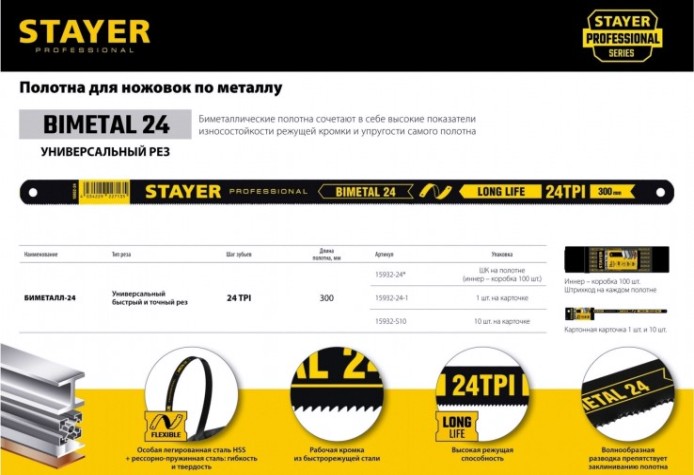Полотно для пил по металлу STAYER STAYER-FLEX "profi" биметаллическое, 24tpi, 300 мм, 10 шт [15932-S10]