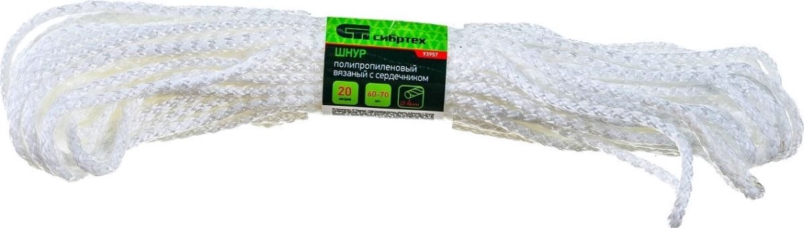 Шнур СИБРТЕХ 4 мм, L20 м вязаный полипропиленовый с серд. белый [93957]